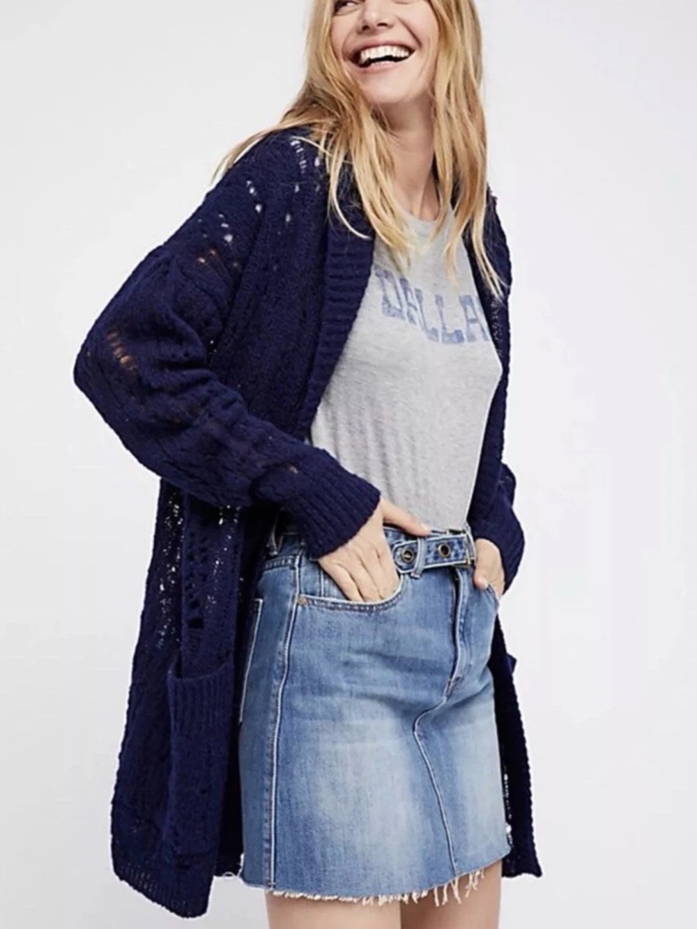 Free People Navy Open-Front Knit Cardigan Sweater